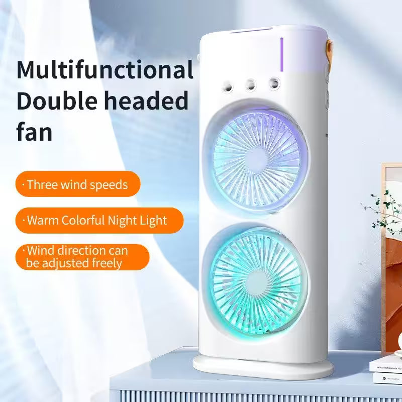 Multifunctional double-headed fan with colorful night light on a light blue background