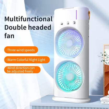 Multifunctional double-headed fan with colorful night light on a light blue background