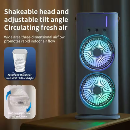 Blue oscillating tower fan with features highlighted on a blurred background