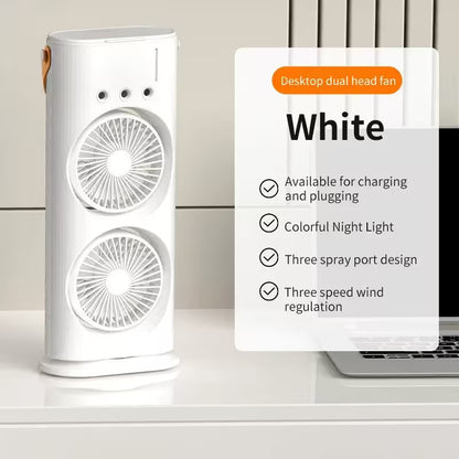 White dual-head desktop fan with features listed on a white background
