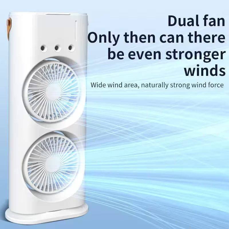 White dual-fan device with text on a blue background
