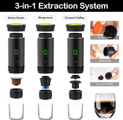 3-in-1 extraction system for Dolce Gusto, Nespresso, and ground coffee with components and a glass of coffee.