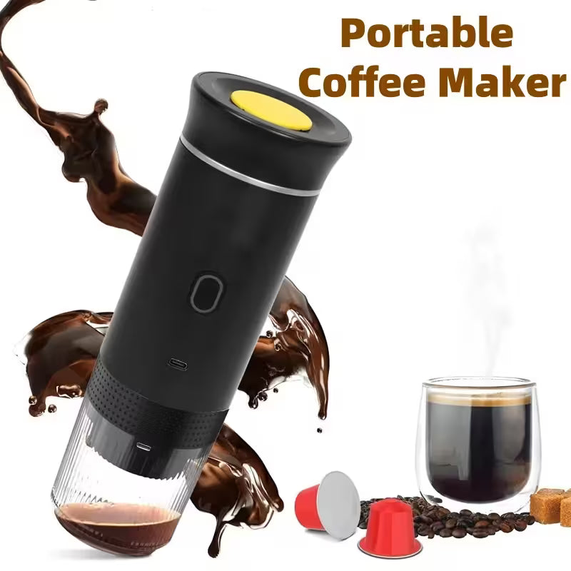 Portable coffee maker with coffee cups and beans on a white background