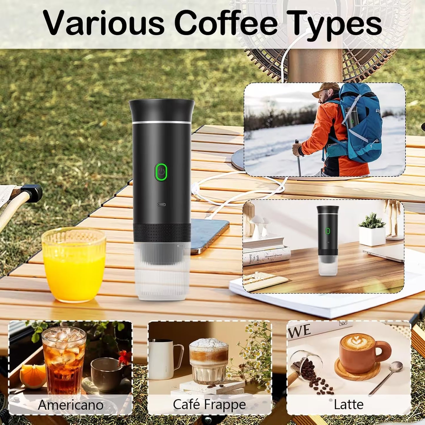 Black portable coffee maker on a table with images of different coffee types and a person hiking.