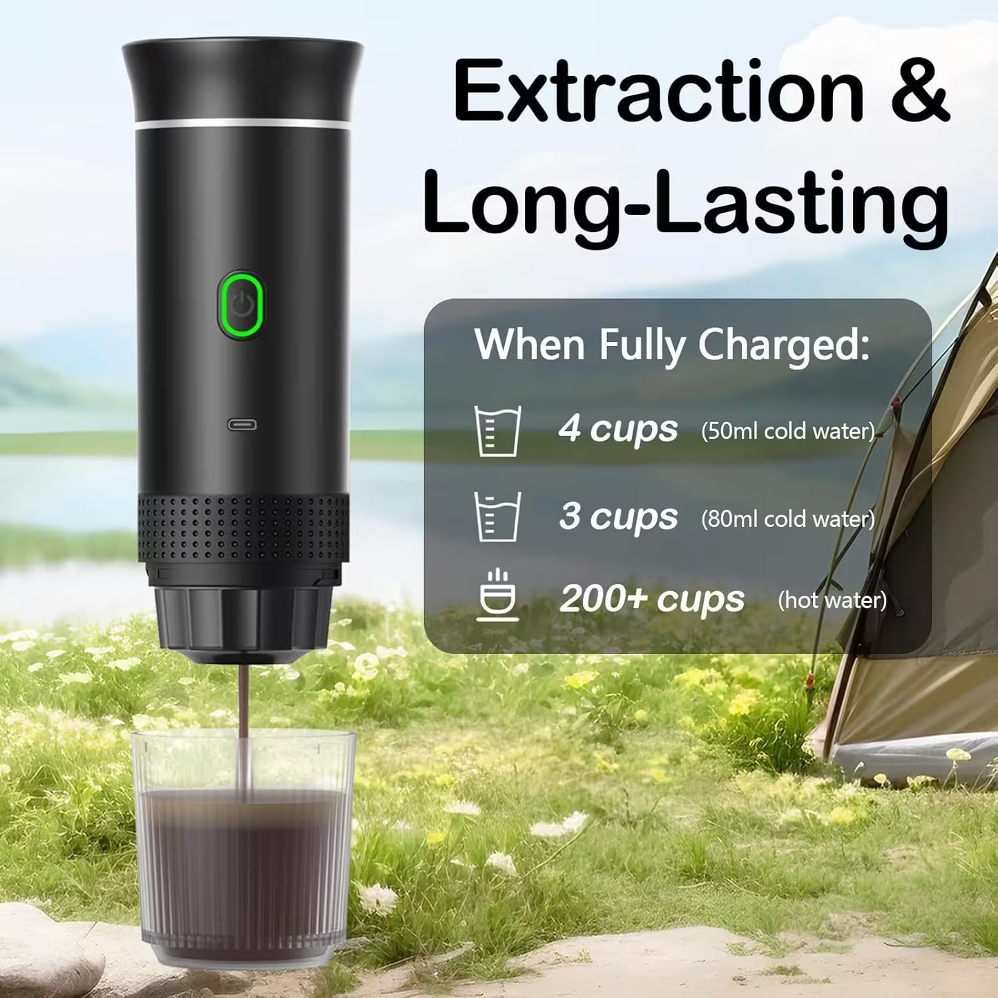 Black portable coffee maker being used outdoors with scenic background