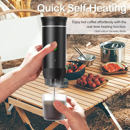 Person using a black self-heating device to make coffee outdoors.