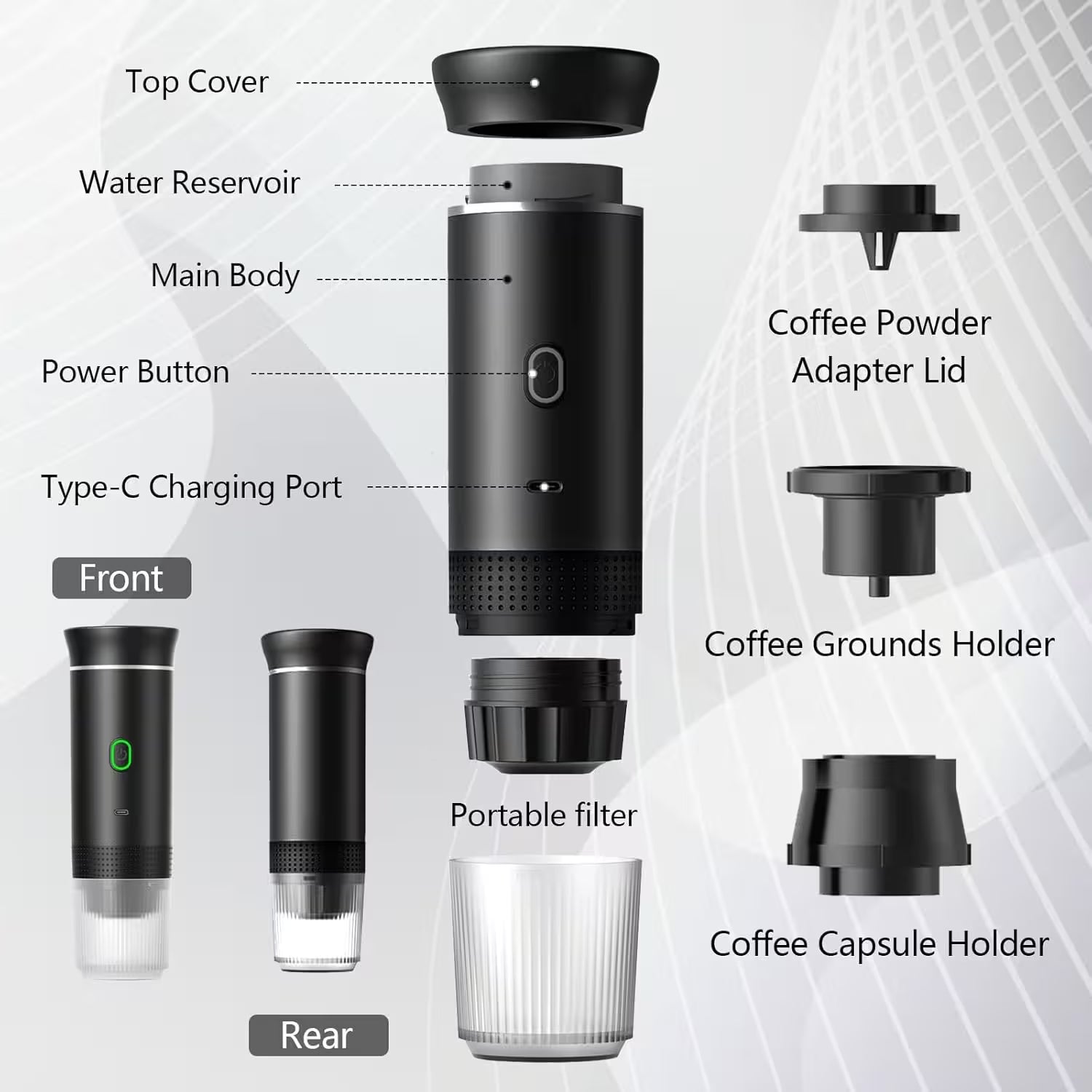 Black portable coffee maker with labeled parts on a white background