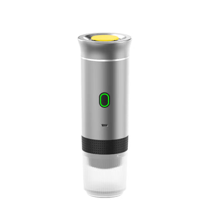 Silver electric wine opener with a yellow button on a white background