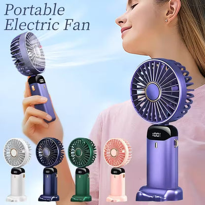 Portable electric fan with multiple colors and a woman using it.