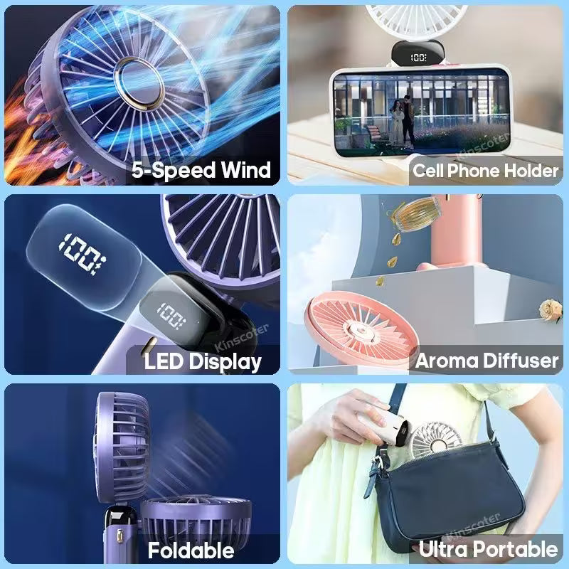 Collage of a handheld fan with features highlighted on a blue background