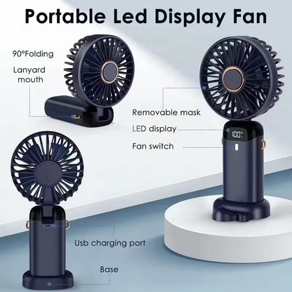 Portable LED display fan with features highlighted on a white background