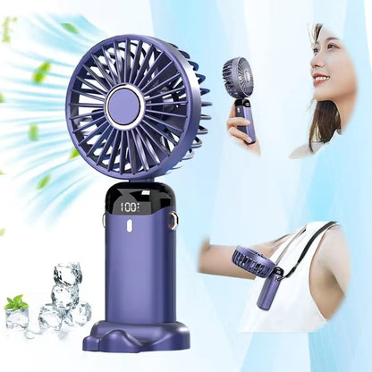 Purple handheld fan with stand, digital display, and ice cubes on a light blue background