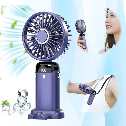Purple handheld fan with stand, digital display, and ice cubes on a light blue background