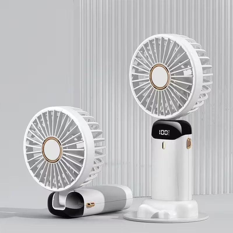 Two portable fans on a light gray background