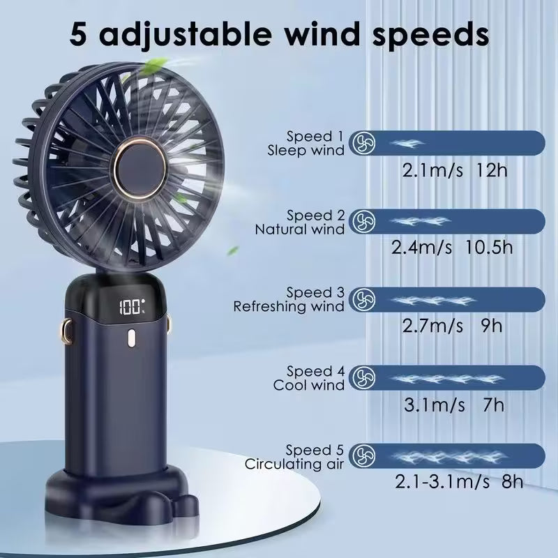 Portable fan with adjustable wind speeds on a light blue background
