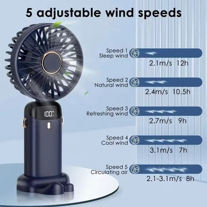Portable fan with adjustable wind speeds on a light blue background