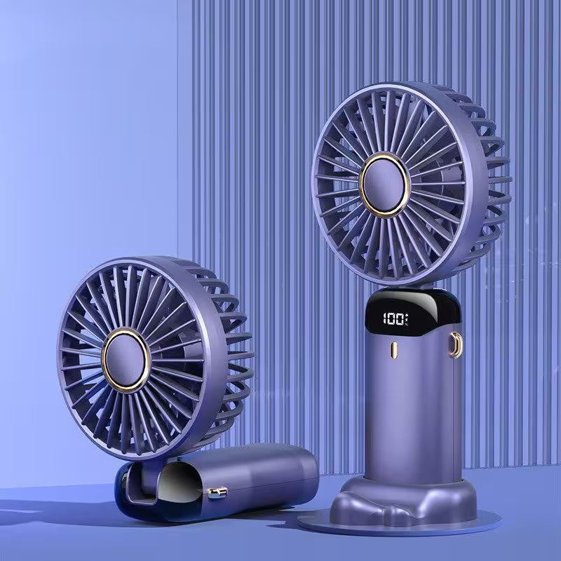 Blue portable fan with digital display on a blue background
