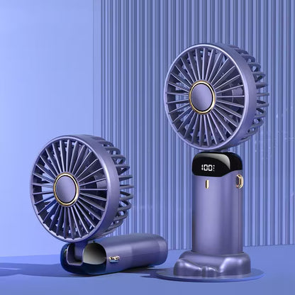 Blue portable fan with digital display on a blue background