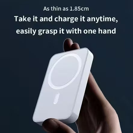 Small rectangular device held in a hand with text about its thinness and portability.