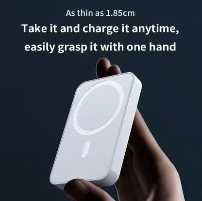 Small rectangular device held in a hand with text about its thinness and portability.