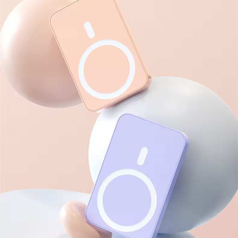 Two rectangular devices with circular designs on a soft pink background