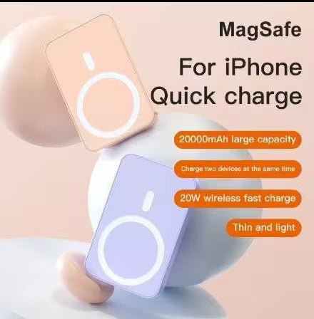 MagSafe charging device for iPhone with text highlighting features on a light background