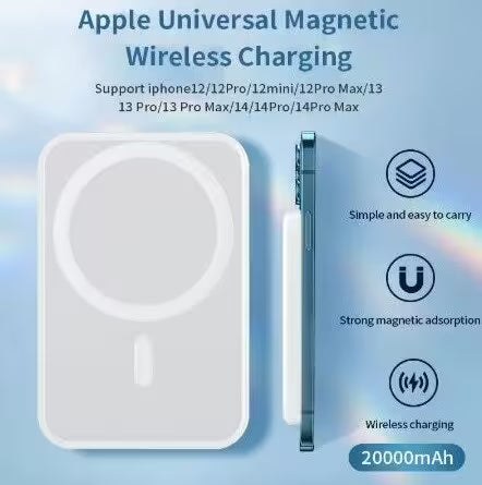 Apple Universal Magnetic Wireless Charging device with features highlighted on a blue background