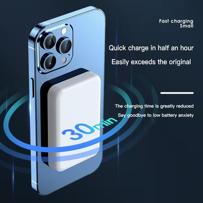 Phone with a charging case and text about fast charging on a dark background