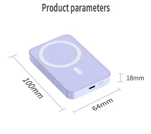 Purple wireless charging pad with dimensions labeled on a white background