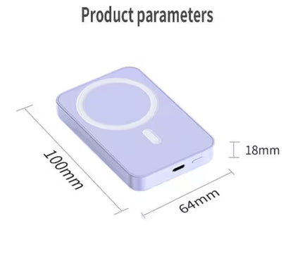 Purple wireless charging pad with dimensions labeled on a white background