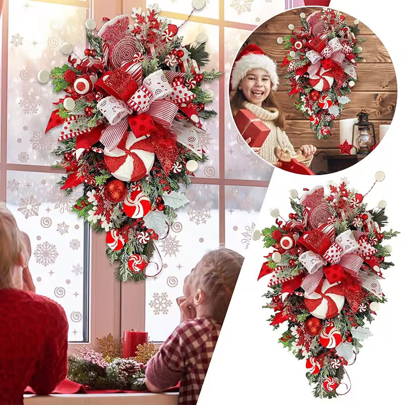 Decorative Christmas wreath with red and white ornaments, surrounded by family in a festive setting.