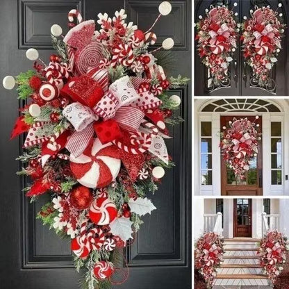 Decorative Christmas wreath with red and white elements on a door.