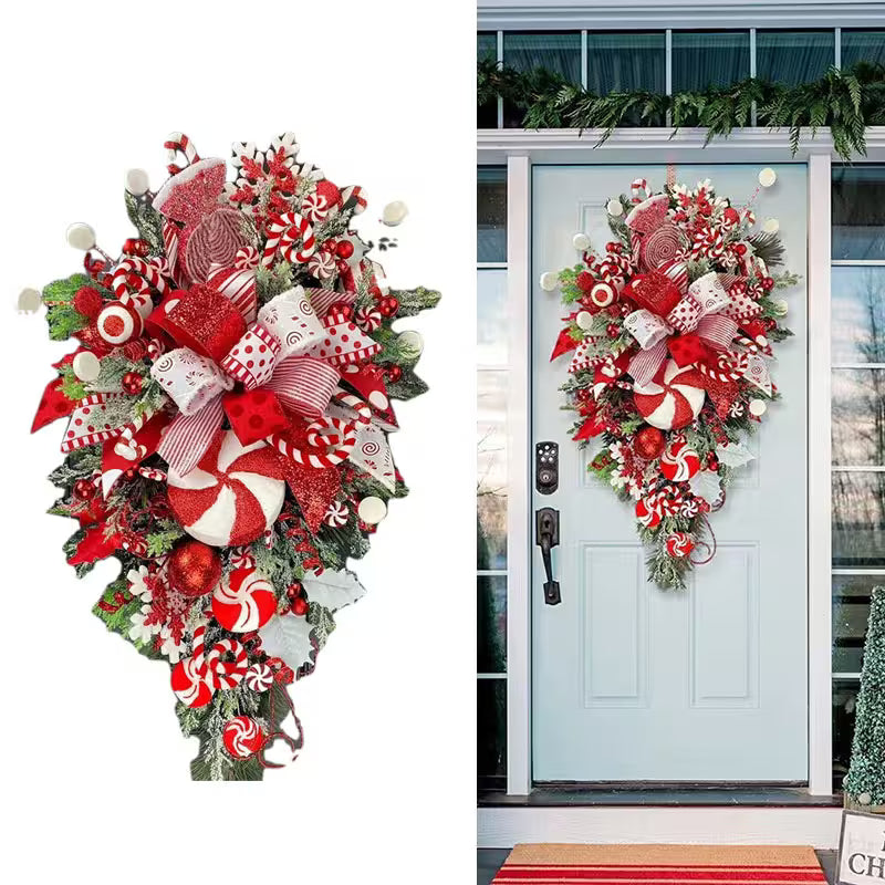 Decorative Christmas wreath with red, white, and green colors on a door.