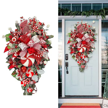 Decorative Christmas wreath with red, white, and green colors on a door.