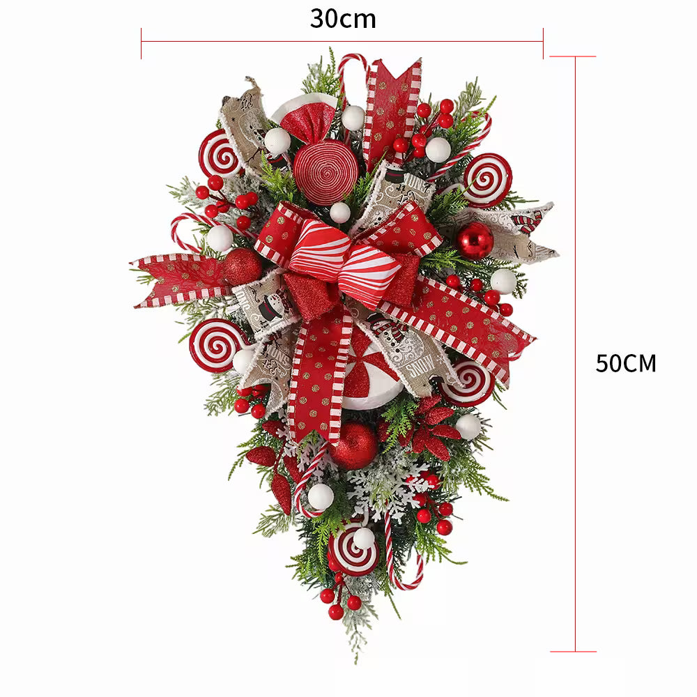 Decorative Christmas swag with red and white ornaments and greenery, shown with dimensions on a white background.
