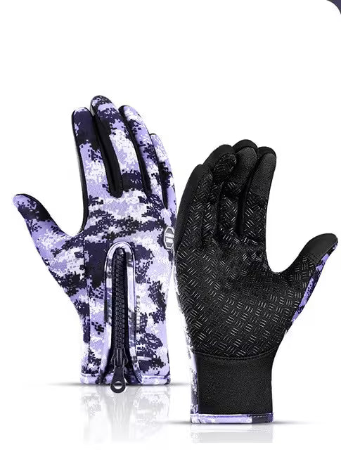 Pair of gloves with one black and one camouflage pattern on a white background