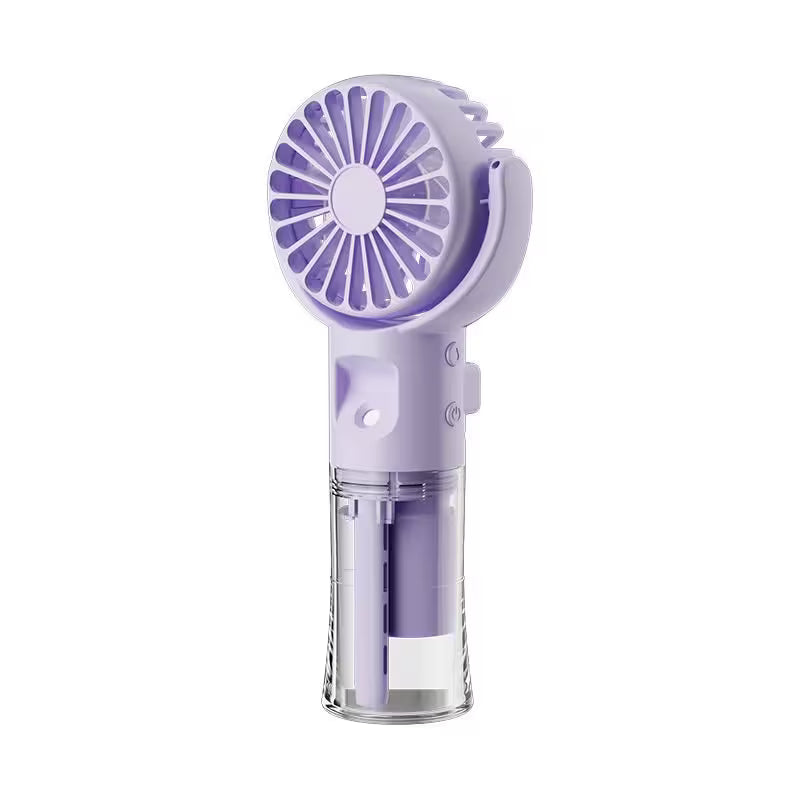 Purple handheld fan with transparent base on a white background