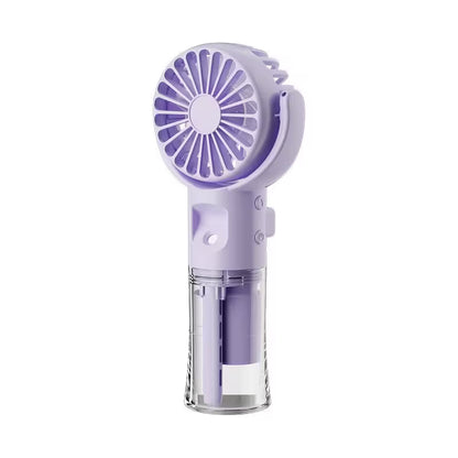 Purple handheld fan with transparent base on a white background