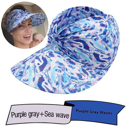 Blue and purple patterned visor with a woman wearing it inset on the left.