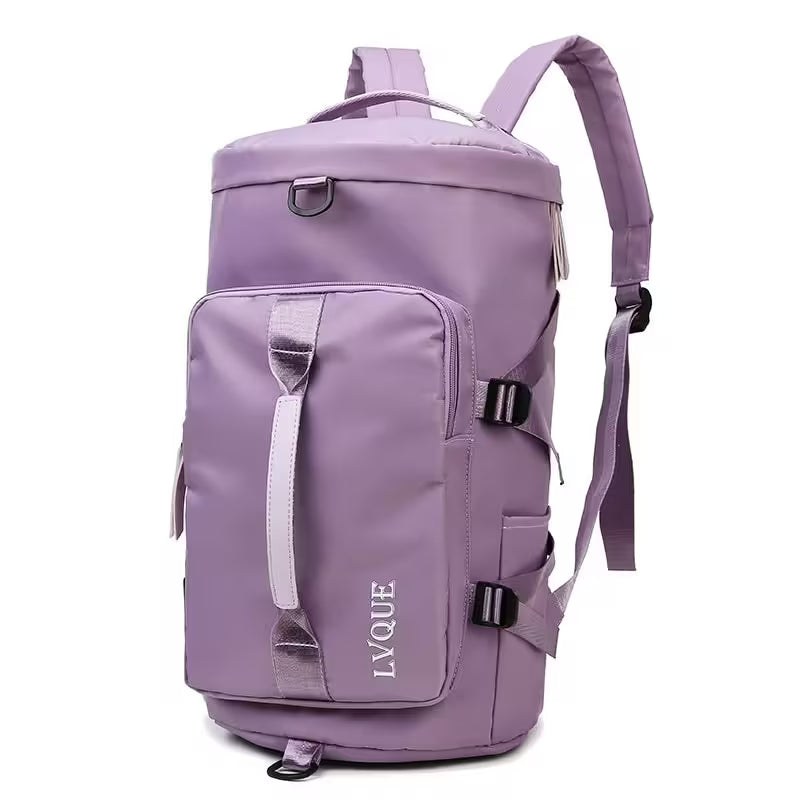 Purple backpack with 'LVQUE' branding on a white background