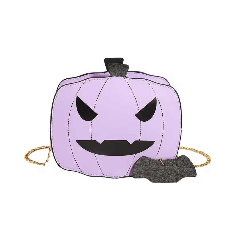 Purple pumpkin-shaped bag with black facial features on a white background