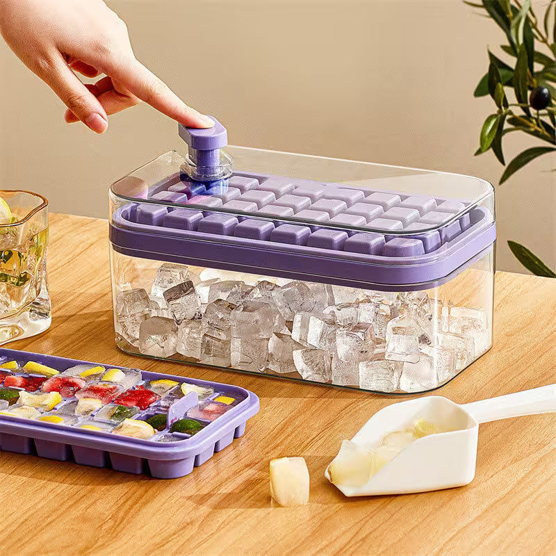 Purple ice cube tray with clear lid filled with ice cubes on a wooden table.