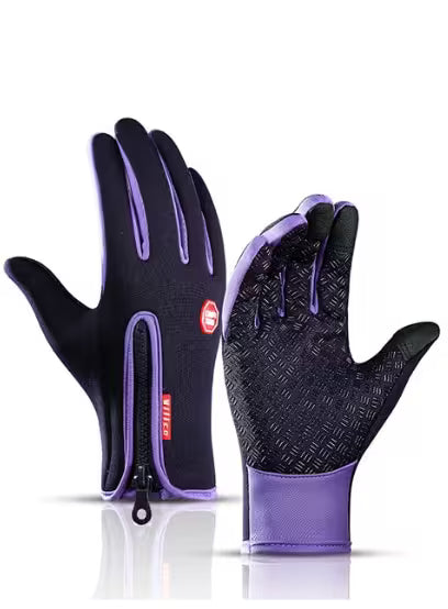 Black and purple gloves with a brand logo on a white background