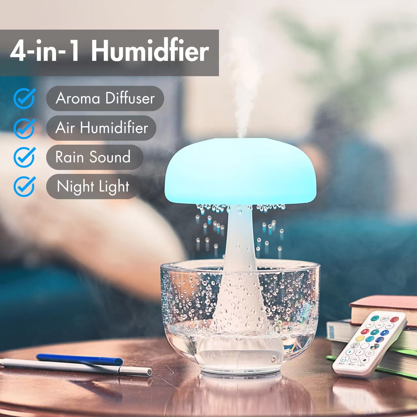 4-in-1 humidifier with aroma diffuser, air humidifier, rain sound, and night light features on a table.