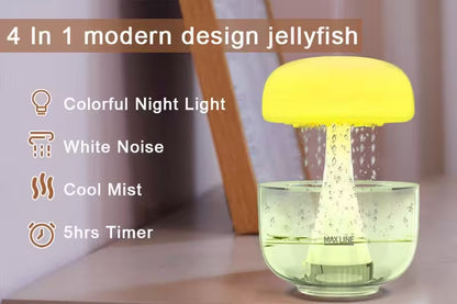 Yellow jellyfish-shaped night light with features listed on a blurred background