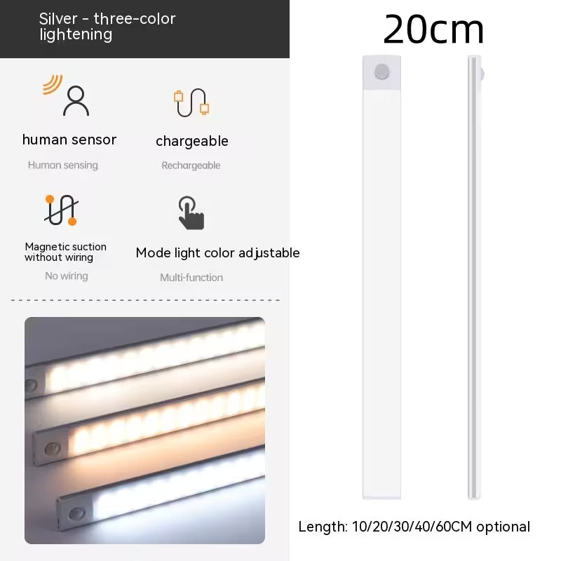 LED strip light with features like human sensor, chargeable, magnetic suction, adjustable color mode, and customizable length on a white background.