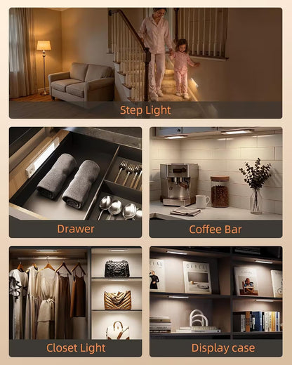 Collage of light fixtures in various settings including a living room, kitchen, and closet.