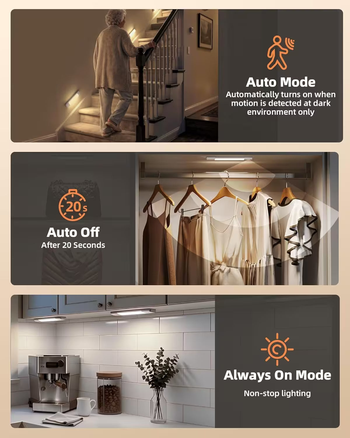 Three scenes showing different lighting modes with text labels: Auto Mode, Auto Off, and Always On Mode.