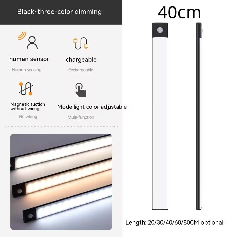LED strip light with features like human sensor, chargeable, magnetic suction, and adjustable color mode on a white background.