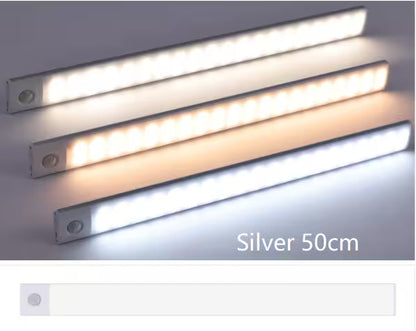 Three LED light strips with different color temperatures on a gray background, labeled 'Silver 50cm'.